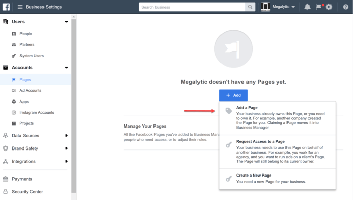 Add a Facebook Page to Facebook Business Manager
