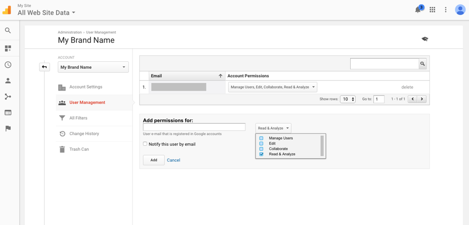 Adding a Google Analytics User