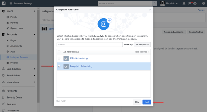 Assign and Advertising Account to Use with Instagram