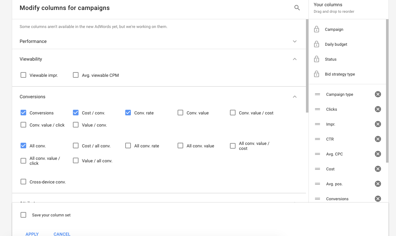 Choosing Columns in the AdWords Interface