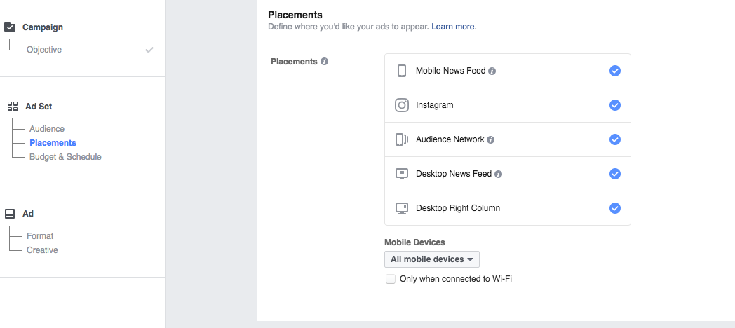 Facebook Ads Manager - Choose Placements
