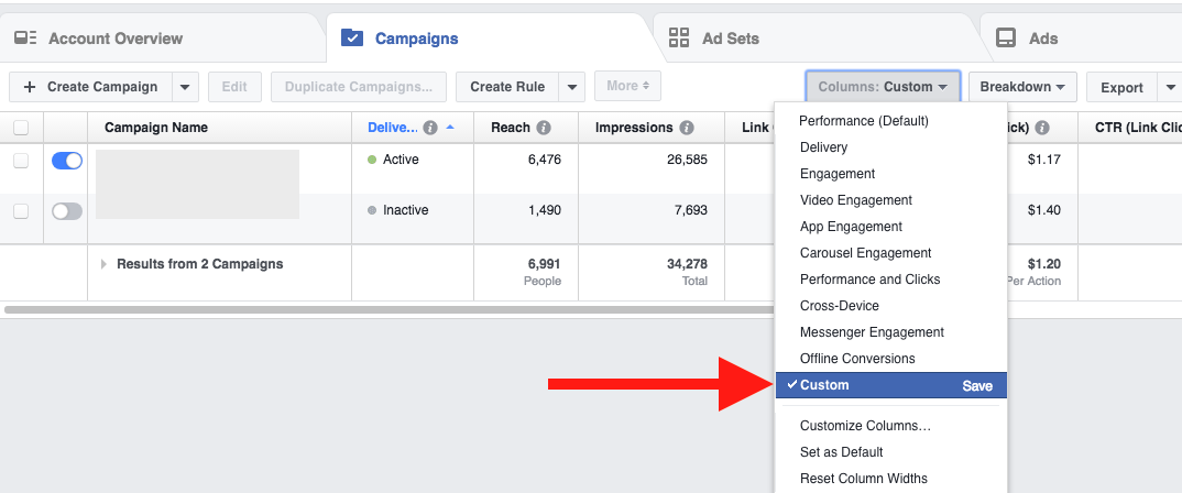 Facebook Ads Customizing Reporting Columns