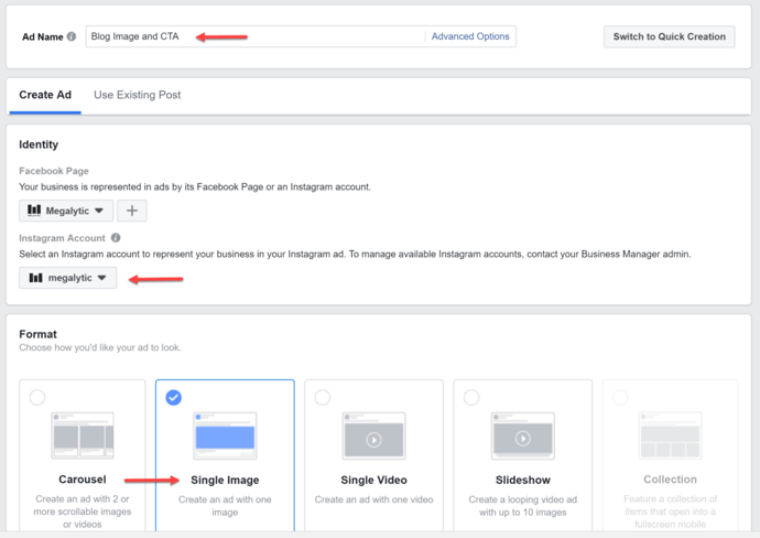 Options When Creating Your Instagram Ad in Facebook Ads Manager