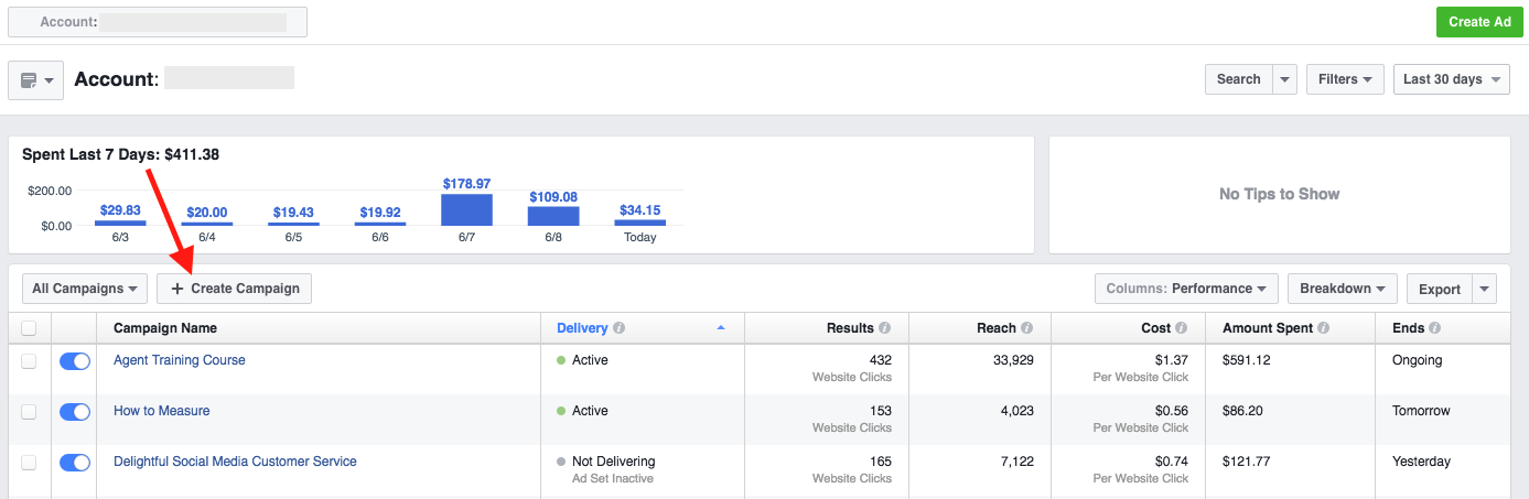Facebook Ads Manager - Create Campaign