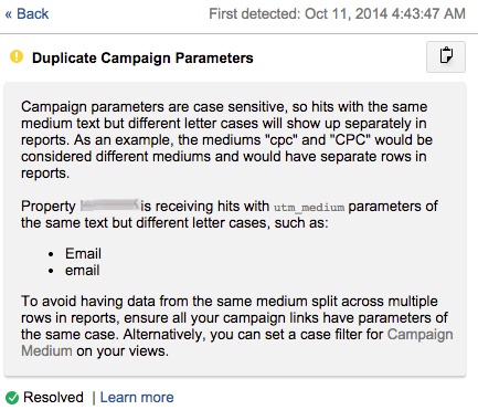 Google Analytics Duplicate Parameters Notification