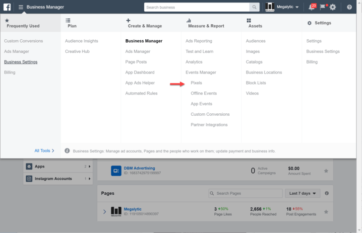 Open Events Manager Pixels in Facebook Business Manager