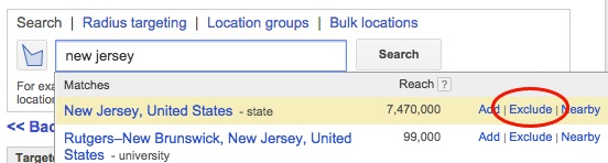 AdWords Geo Targeting Exclude a Region
