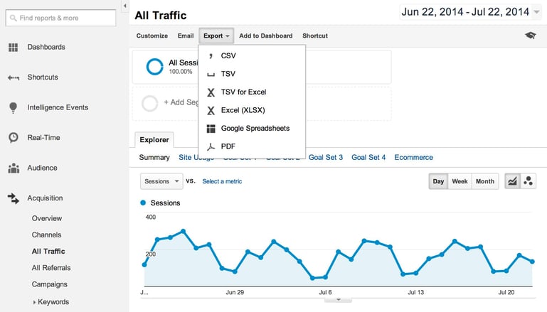 google analytics export menu