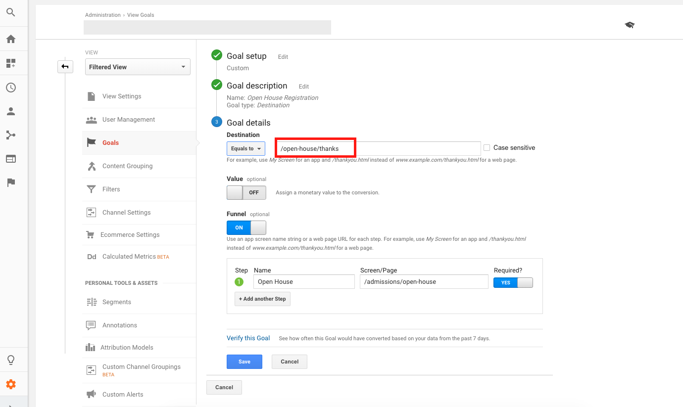 Google Analytics Goal Destination Setting