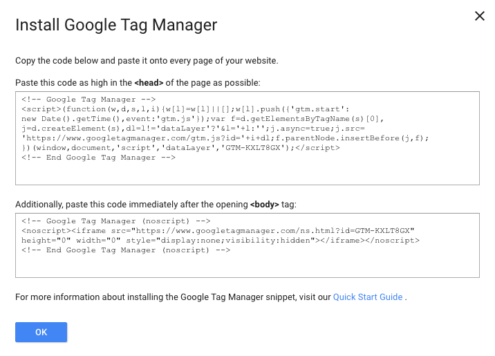 Google Tag Manager - Code for Website