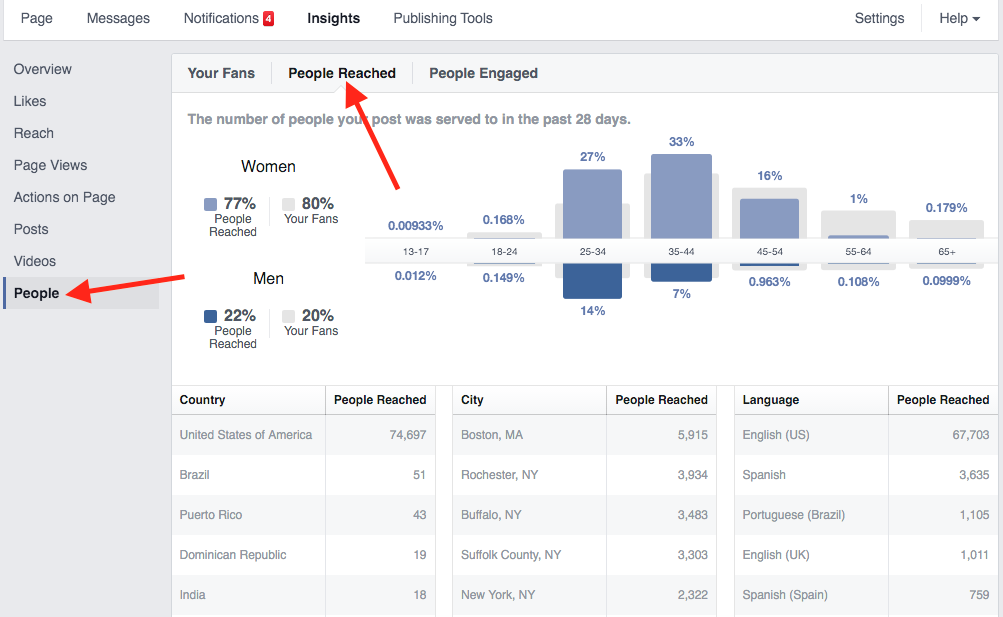 Facebook Insights Demographics of Page and Post Reach