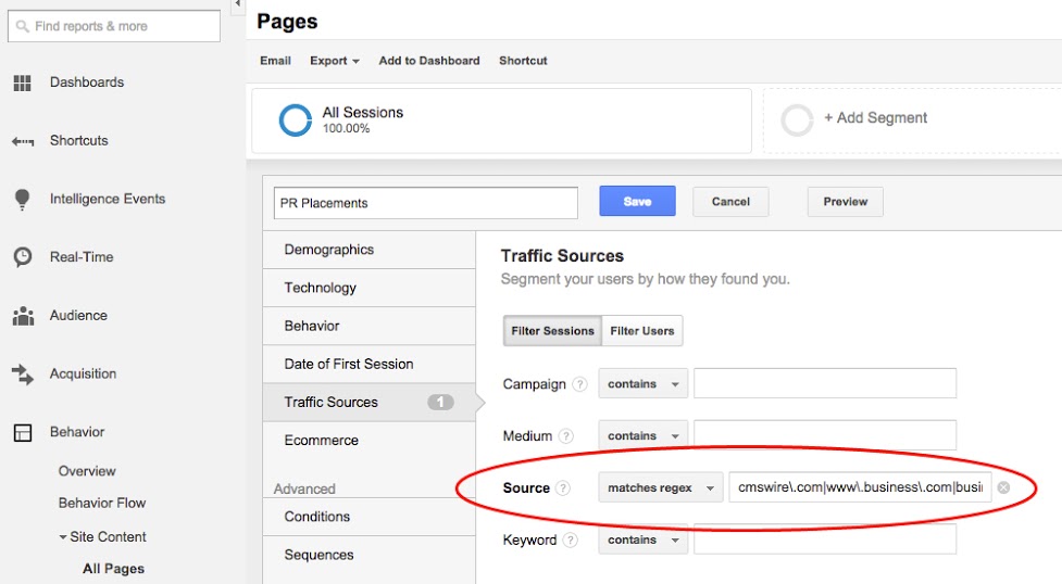 Google Analytics PR Segment
