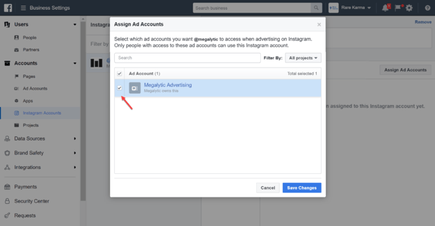 Assigning an Ad Account to an Instagram Account