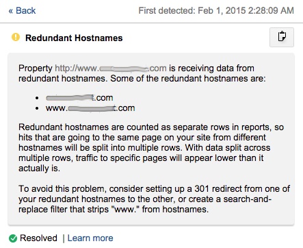 Google Analytics Redundant Hostnames Notification