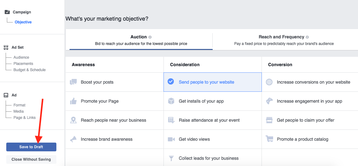 Facebook Power Editor Saving a Draft