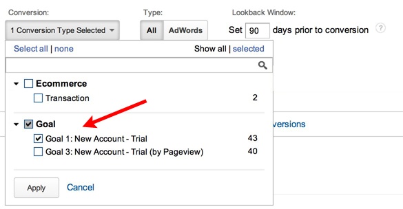 google analytics selecting goal in multi-channel funnel report