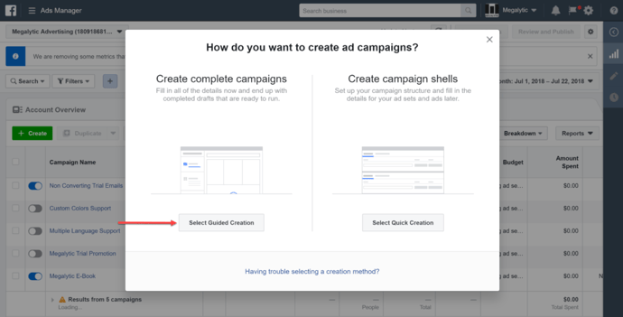 Select Guided Creation for Creating an Instagram Ad
