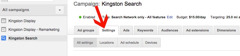 AdWords Settings Tab