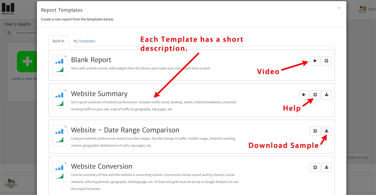 Megalytic Built-in Templates and Descriptions