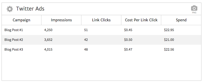 Megalytic's CSV Widget Displaying Twitter Ads Data